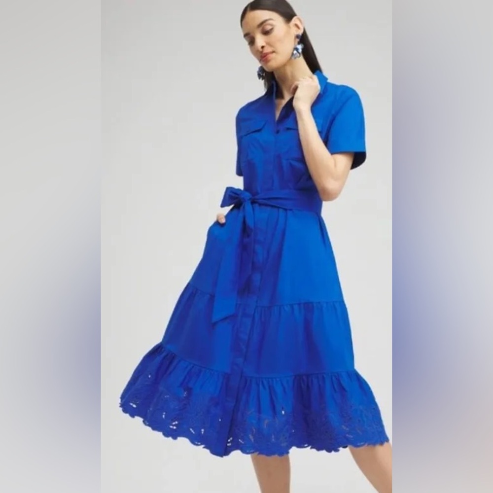Chico’s Blue Shirt Dress with eyelet ruffle trim